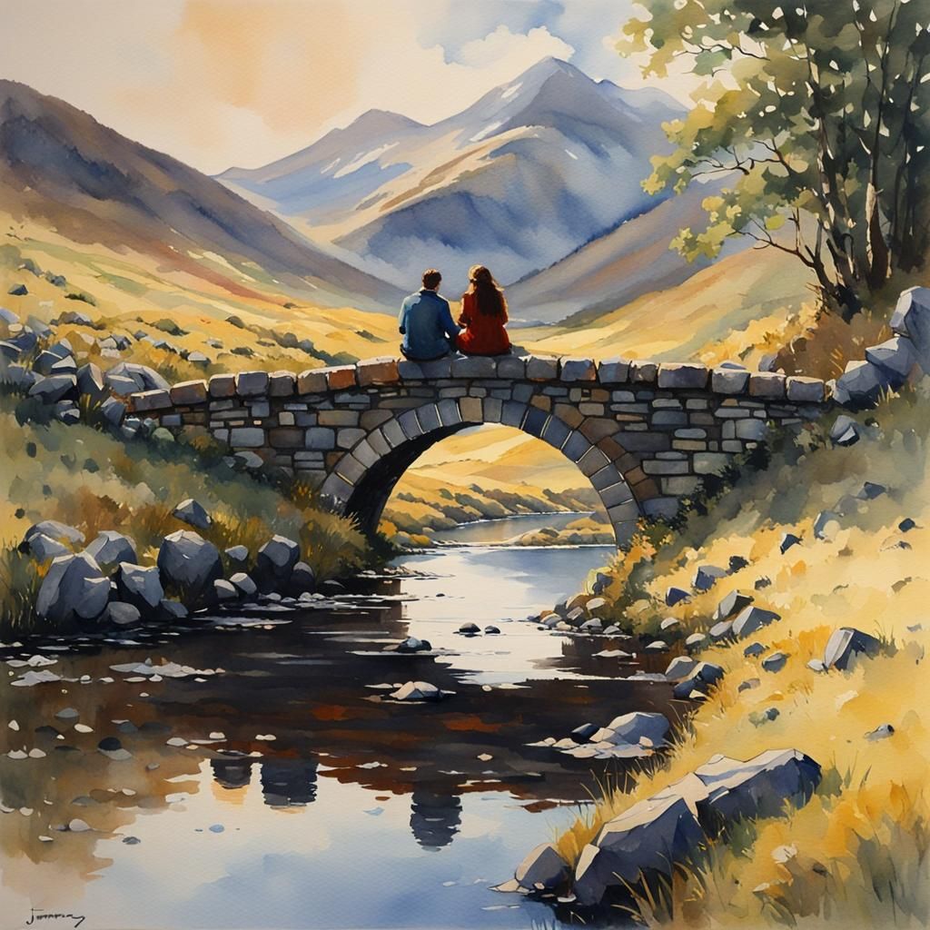 beautiful watercolor of a couple sitting on an old bridge in...