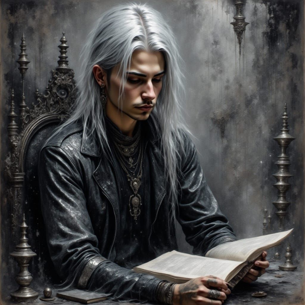 <lora:Silvery Intensity:1.0> Artistic renaissance oil painting, watercolor, of a young beautiful man with long silver hair sitting at a desk...