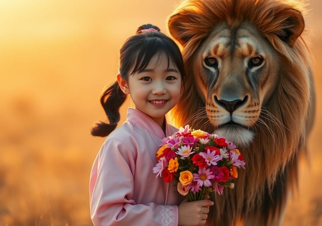 Korean Girl and Lion in Sun-Drenched Savannah