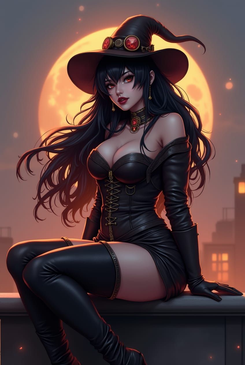 A steampunk fashioned female character sitting on a rooftop ...