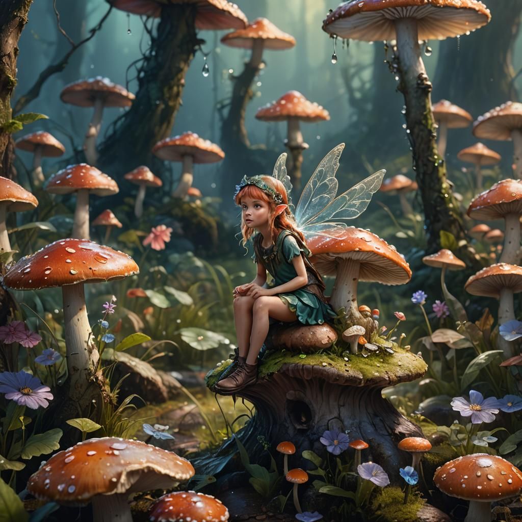 a tiny fairy sitting on a mushroom. Dew drops reflect the mo...