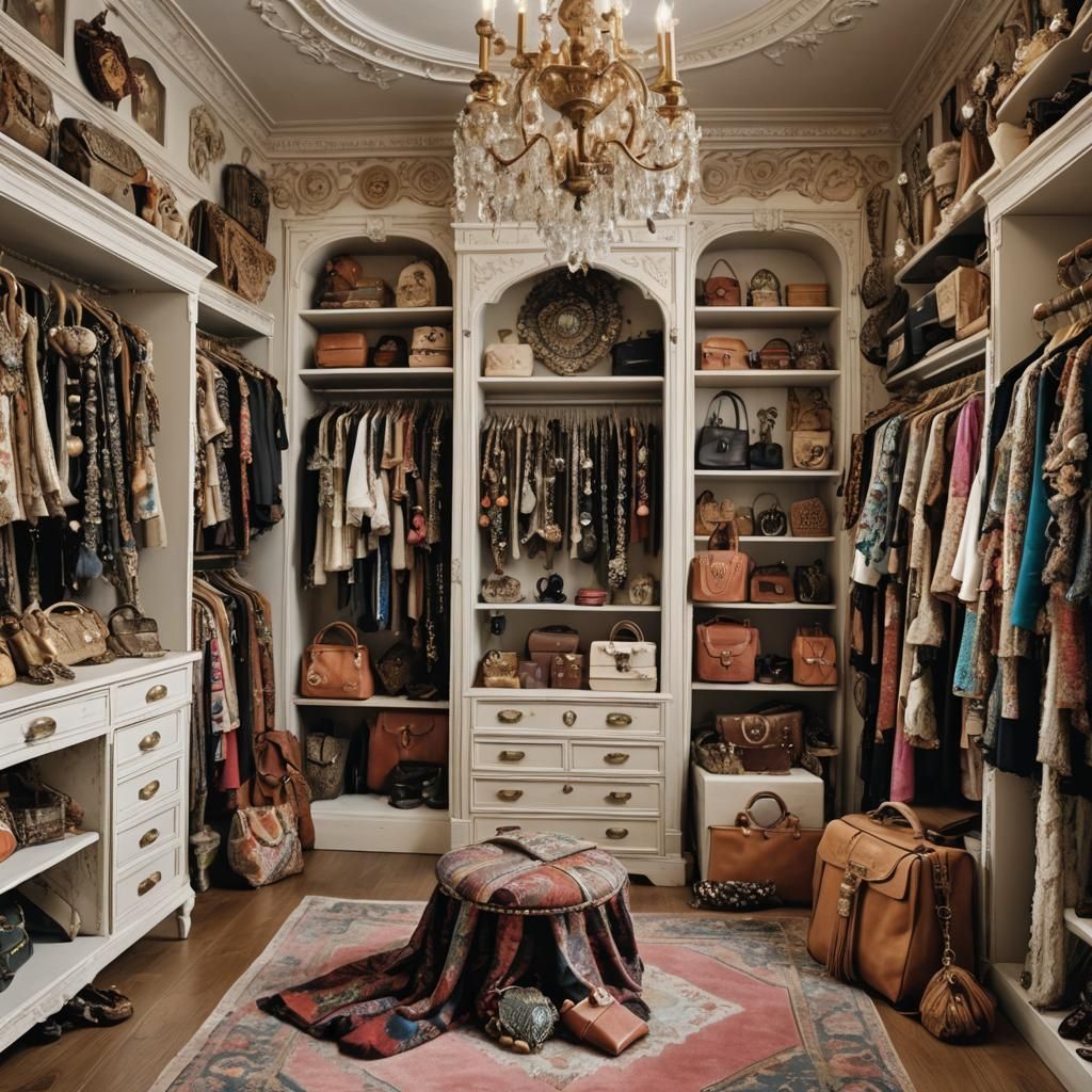 bohemian closet adorned in high fashion couture, purses, jew...
