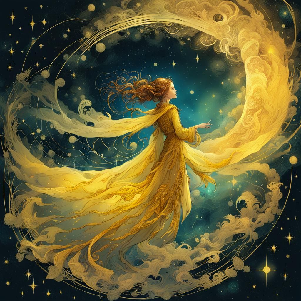 Angel In Space Elegant Flying Wardrobe, Heavenly Yellow Nebula Spiral 