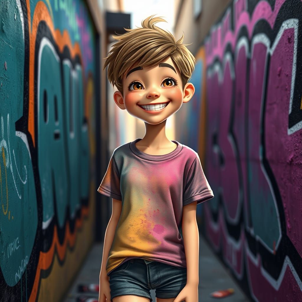 Joyful Girl in Urban Graffiti Art, Pixar Style