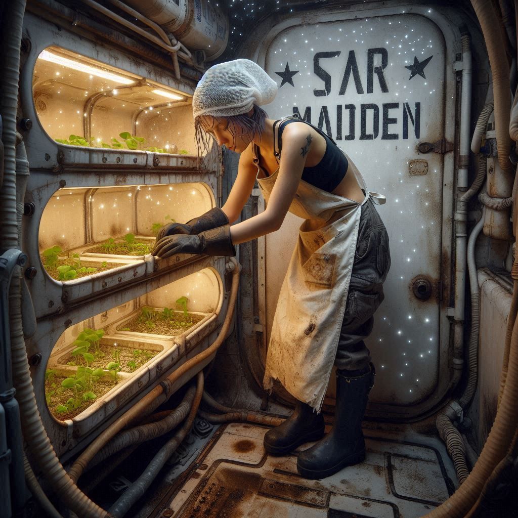 Ship's cook checking the hydroponics bay of an old spacefrei...