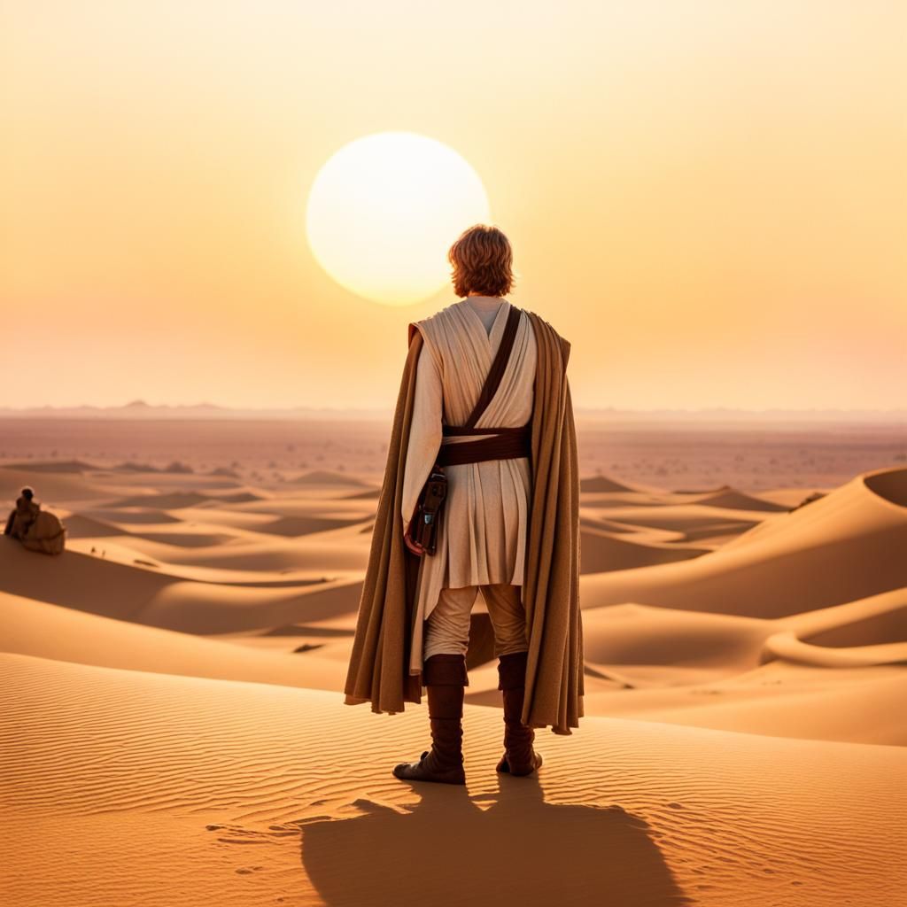 Luke Skywalker gazes at the twin suns on Tatooine in Star Wars. - AI ...