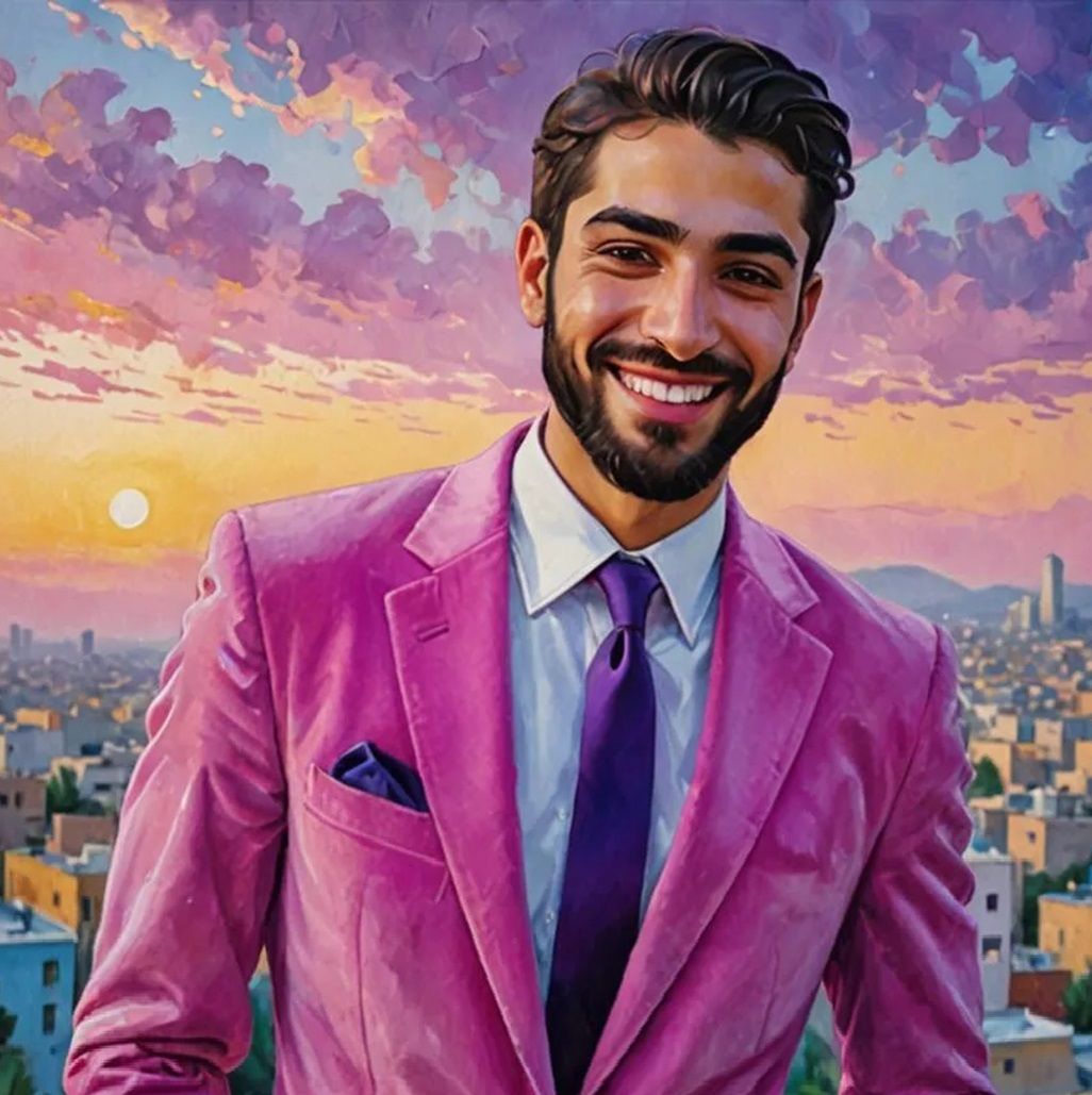 A handsome young gentleman wearing a pink velvet suit with a...