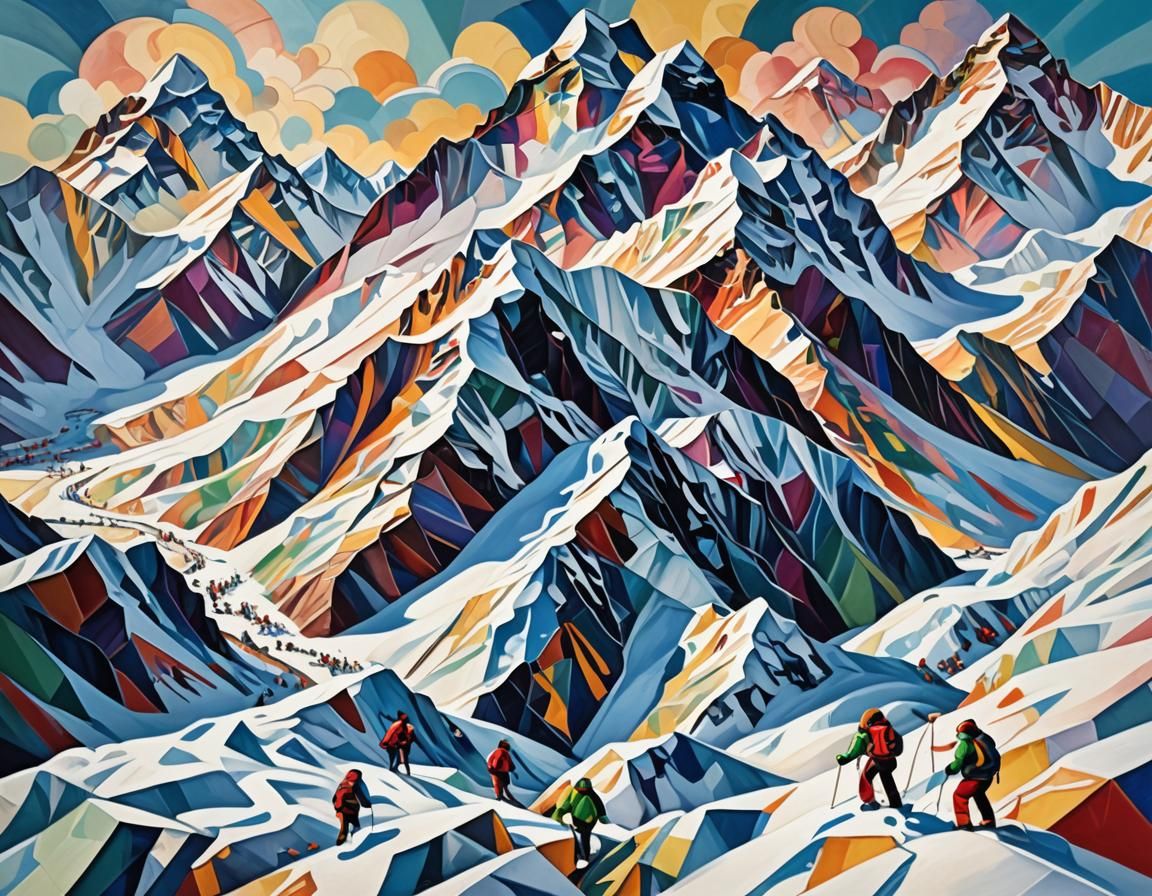Everest cubist painting, Neo-Cubism, layered overlapping geo...