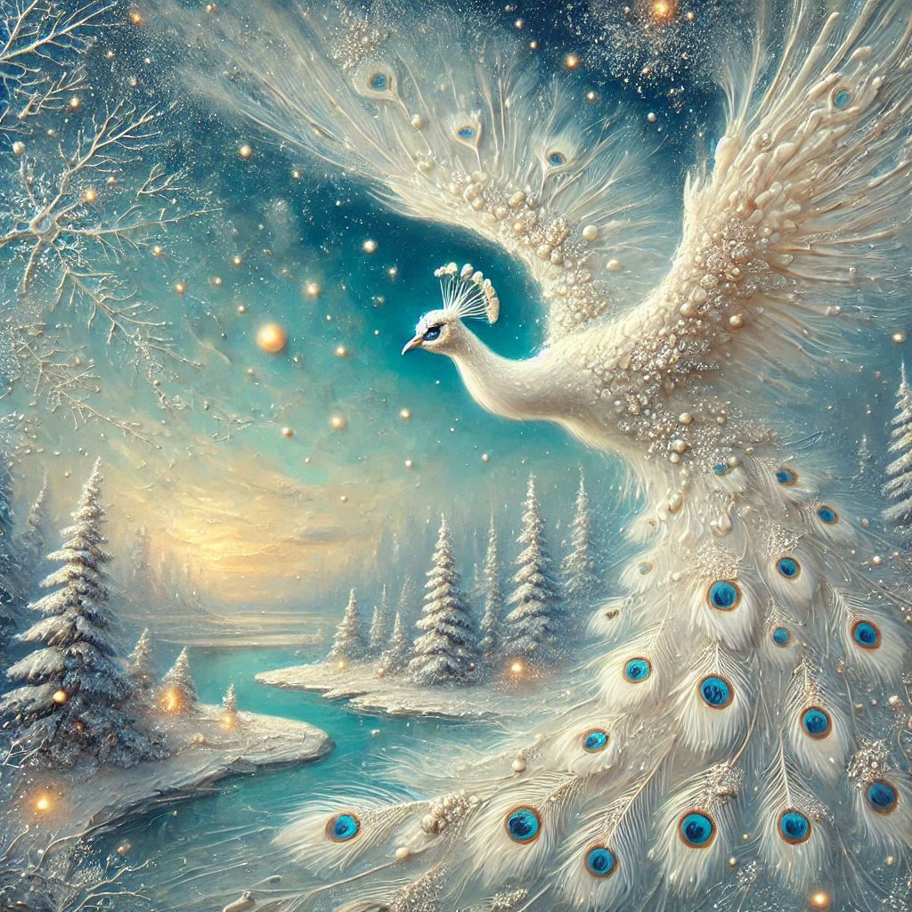 An ethereal fantasy winter landscape With a flying majestic peacock