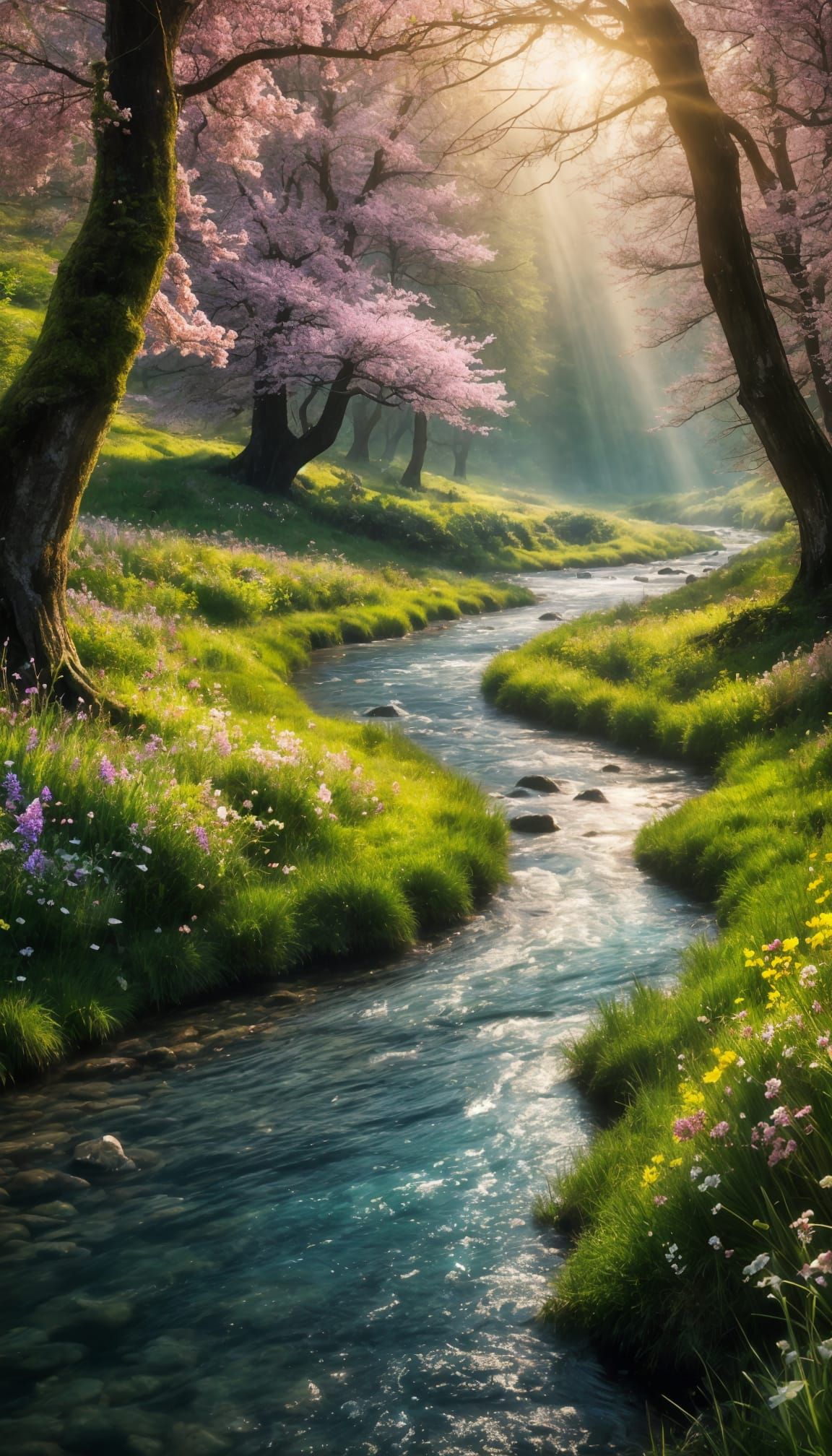 A glowing river winding through a mystical forest meadow in springtime, in a fantasy photography style ...  by @morr5750