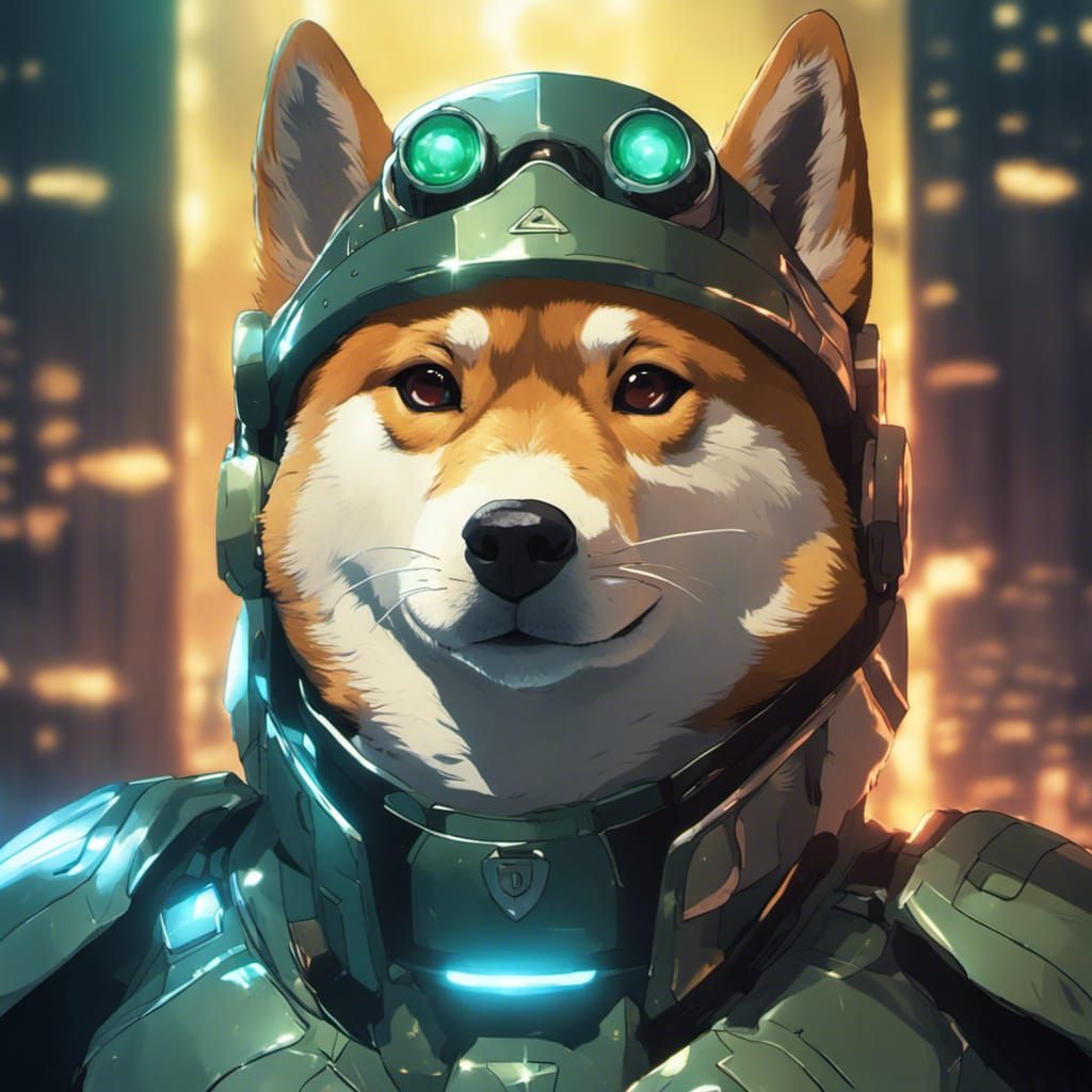 Shiba Inu wearing a futuristic armour with night vision gogl...