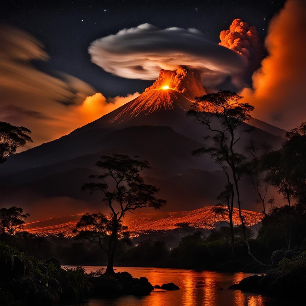 Volcanic eruption at night  by @undefined