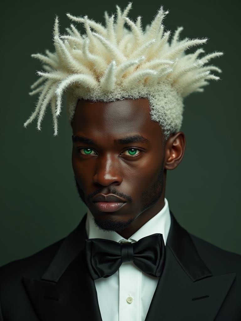 Photorealistic portrait of a male person of african-american origin with pure white hair. The hair is ...  by @Mikrotherion