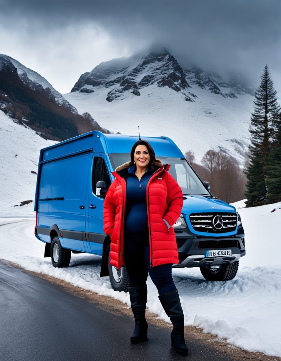 Beautiful Egyptian Woman in Alps with Mercedes Lorry