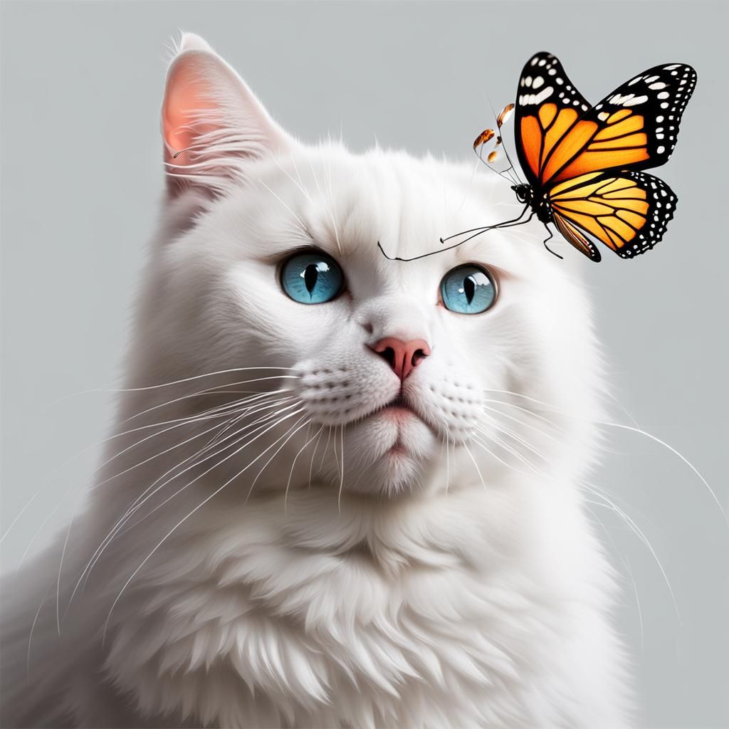 Cute White Cat with Butterfly