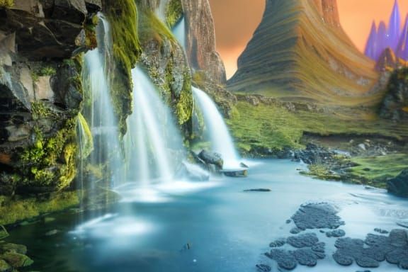 Waterfall and mountains detailed matte painting, deep color,...