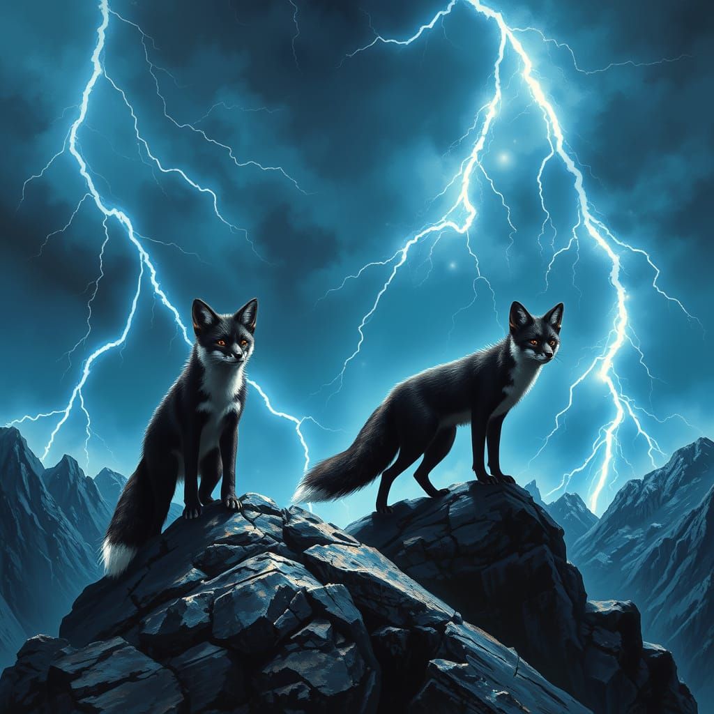Two black and white foxes on a mountain top in a lightning storm   by @Gabby Gajan
