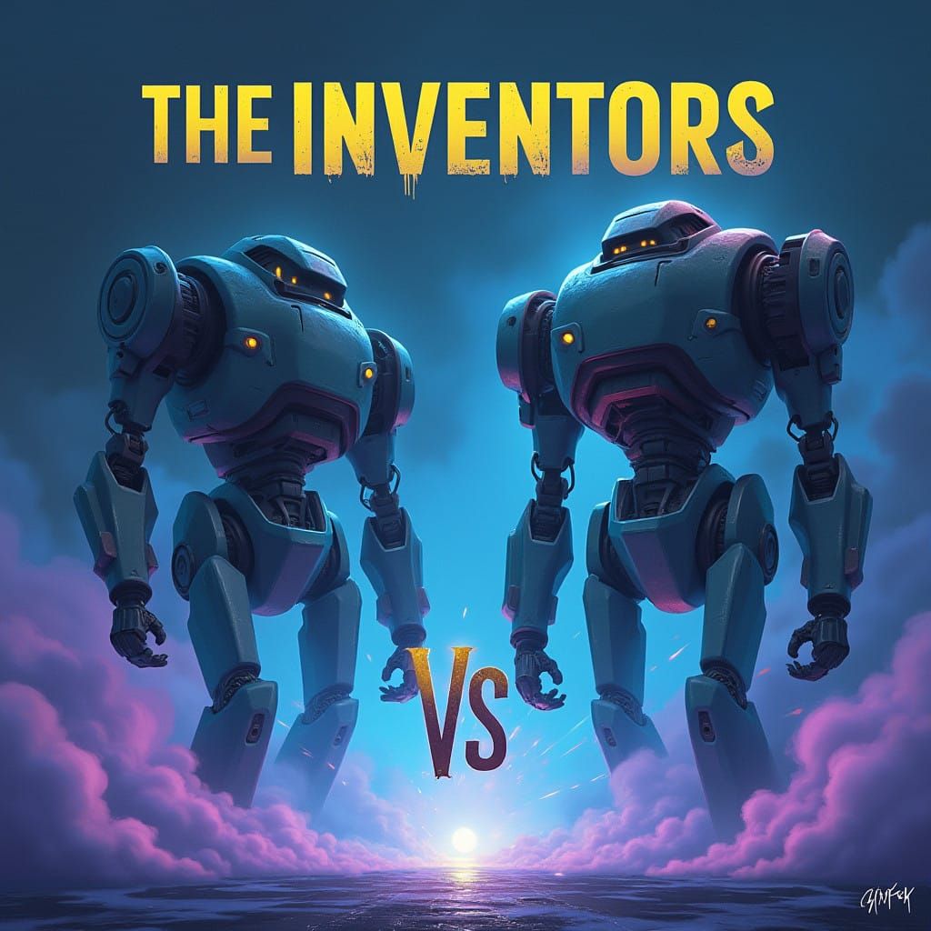 Create a cool image of a rollup that will have big and cool robots, blue and purple smoke, beautiful lighting, and the name - the inventors ...