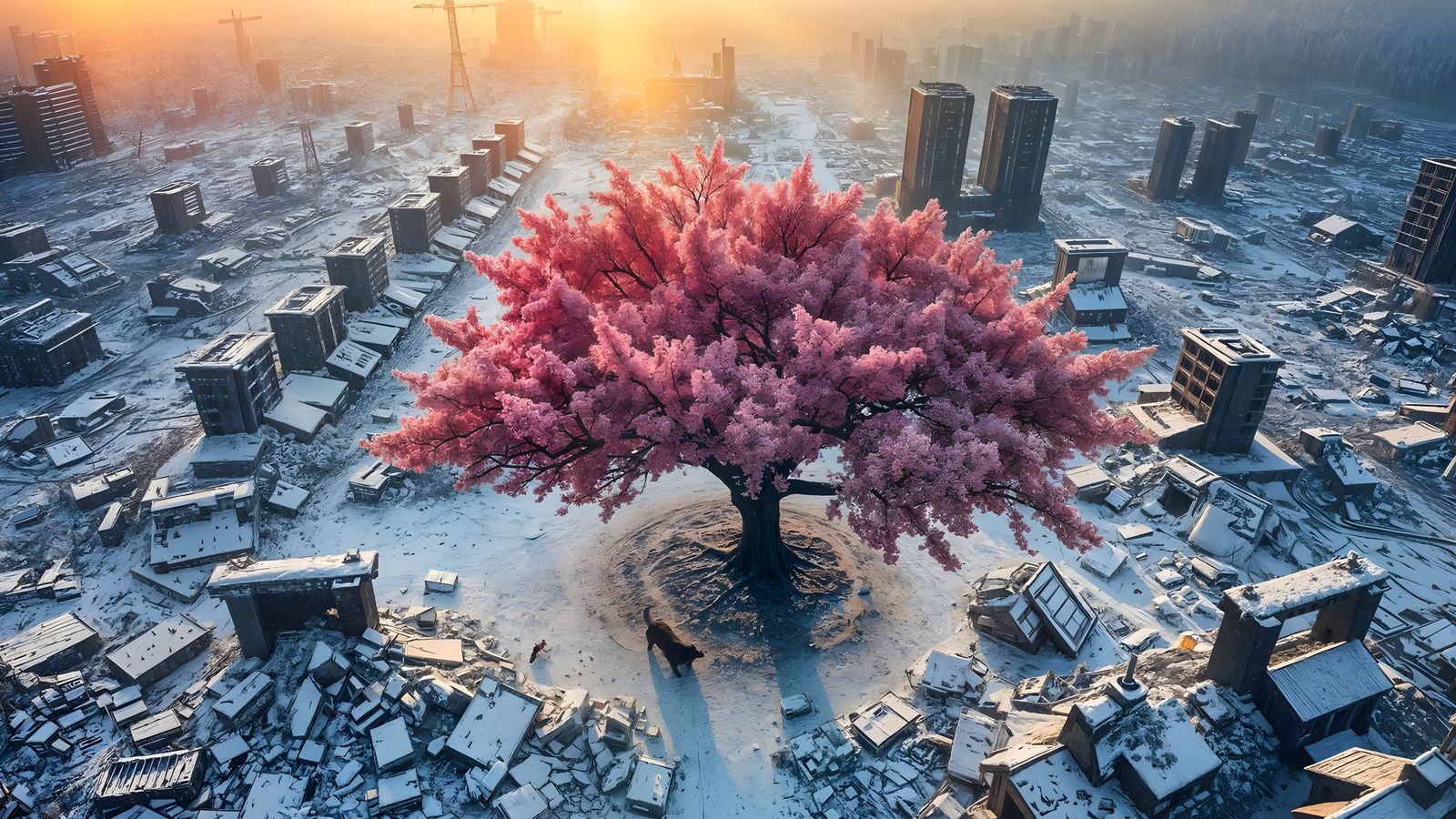 A vast, devastated extremely snowy and icy cityscape drone view ...