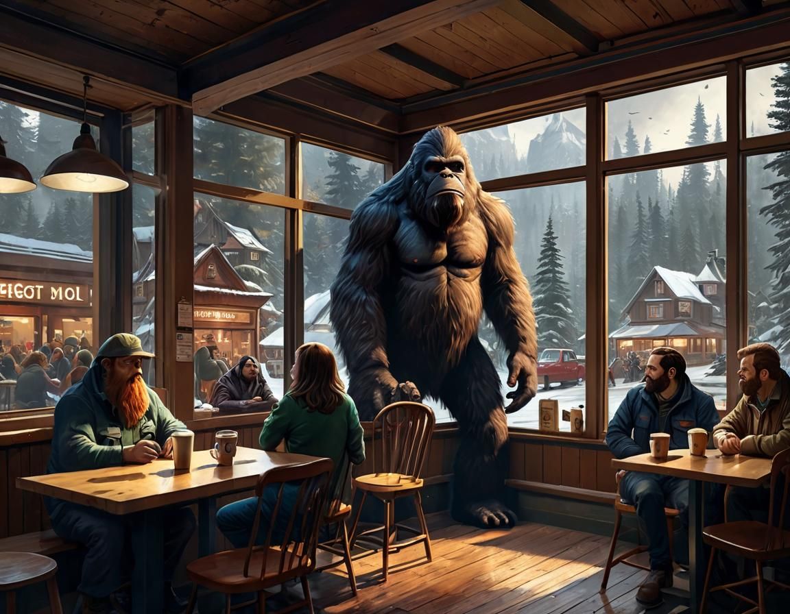 a quiet coffee shop full of guests in Canada, where a Bigfoot watches them curiously through the window.
