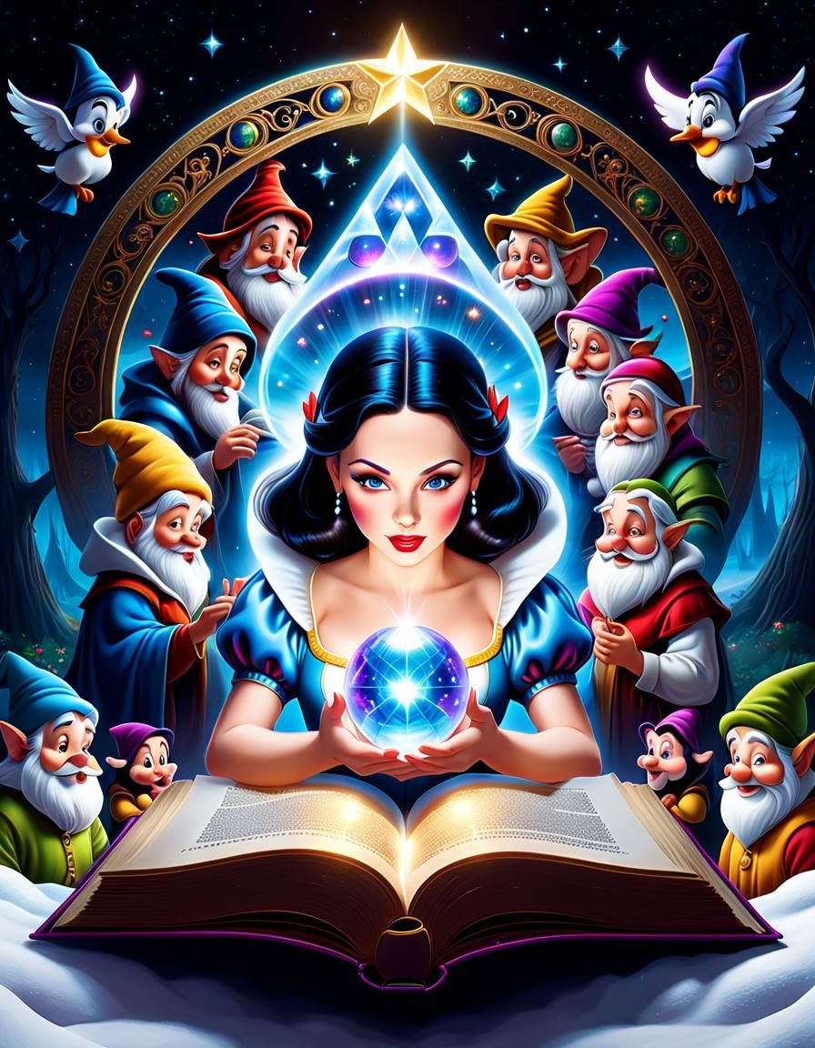 Snow White and the Seven Dwarfs get out of their magic book.