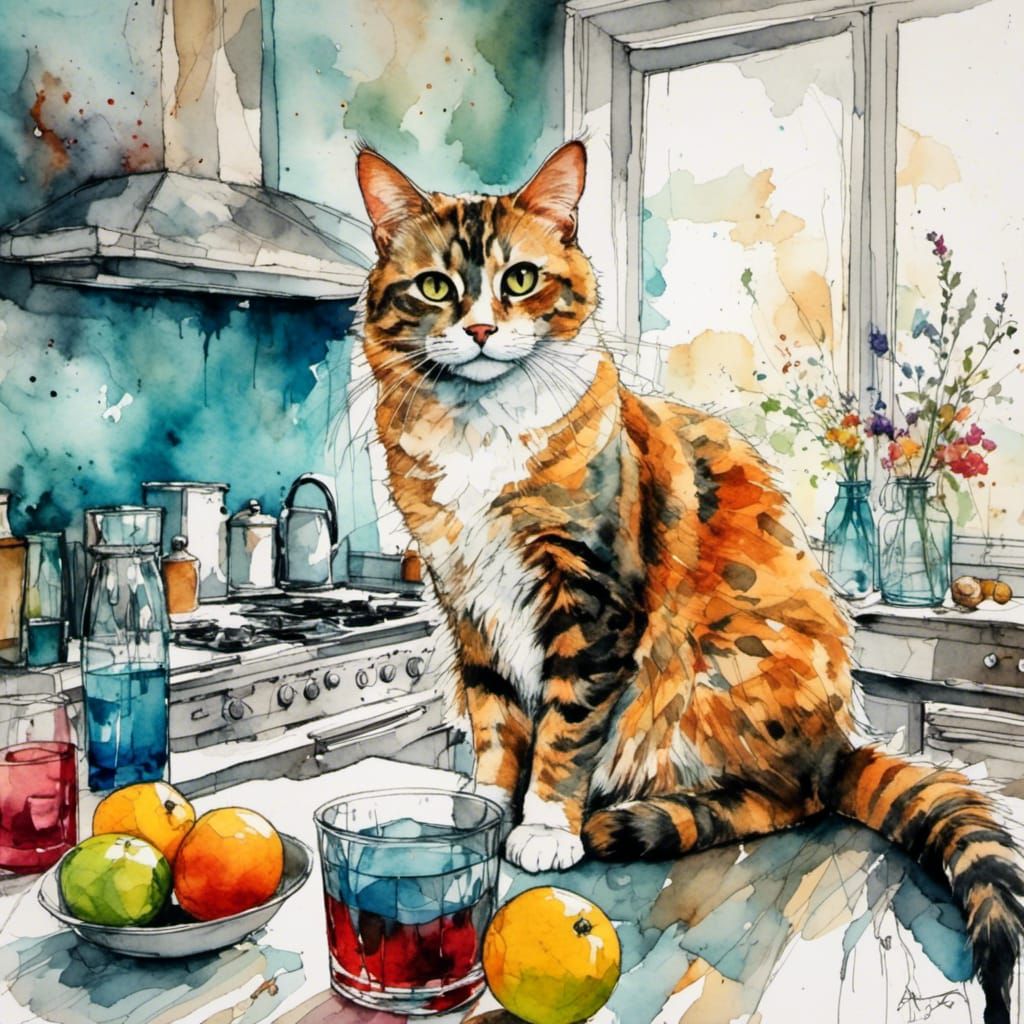 <lora:MMM:1.0> A cat on the kitchen counter, looking imperious, next to a glass of water, complimentary colors  