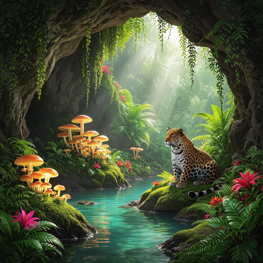 In the midst of a lush tropical landscape, a shaded crystal lined grotto with a clear spring; clumps of luminous mushrooms  grow among the m...