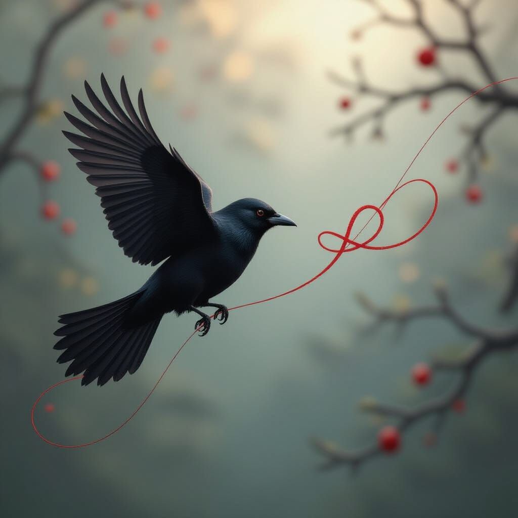 A black bird flying and carrying a thin red string of fate that creates a shape of an elegant infinity sign