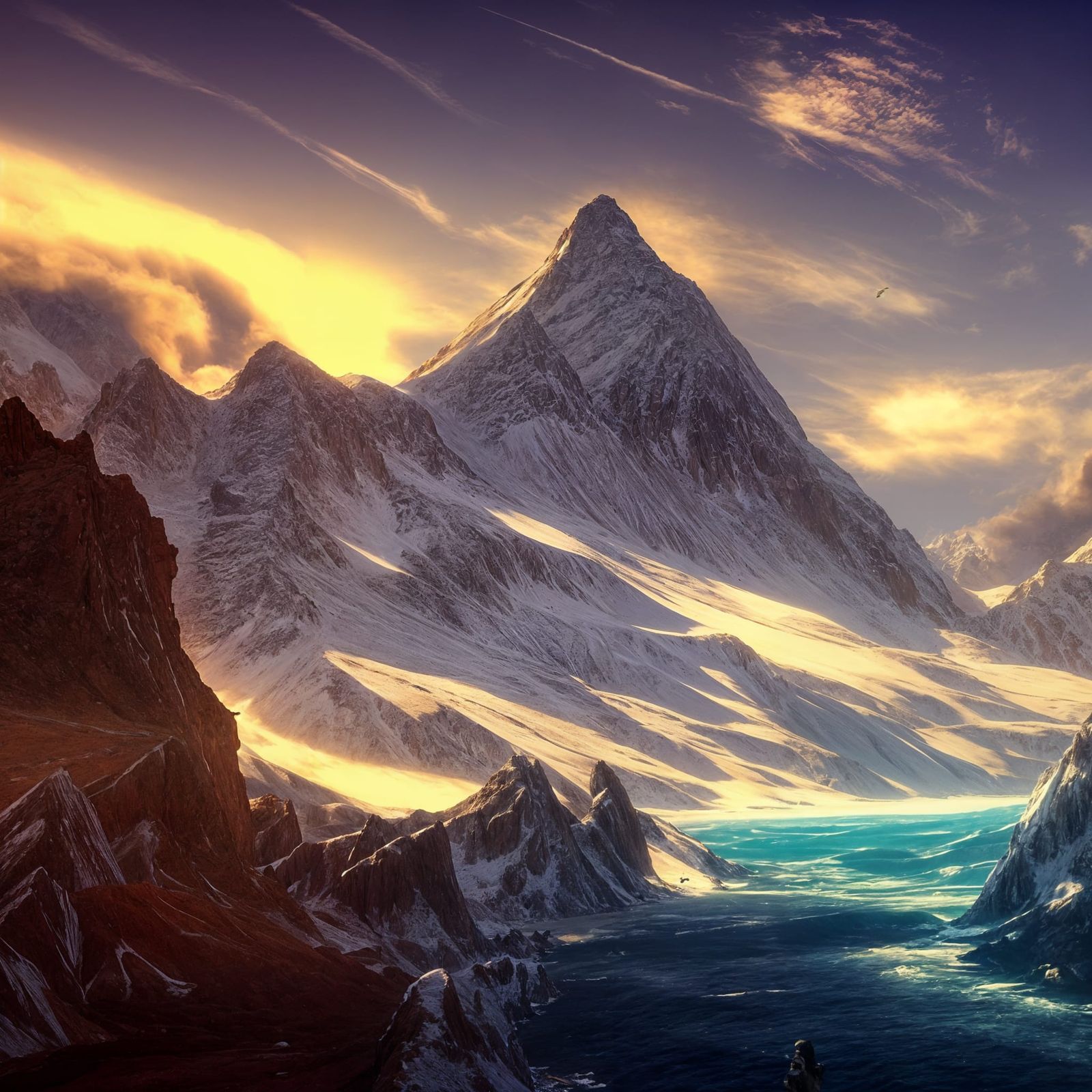 Big mountains and a sea with sun glowing on the mountain wit...