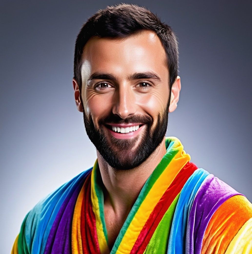 A cute man wearing a rainbow-coloured bathrobe