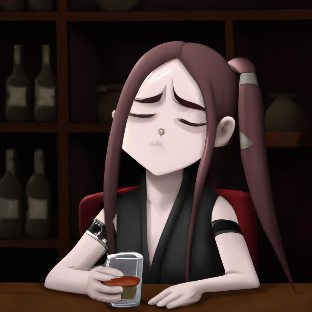 Anime 2d, Nezuko from Demon slayer drunk into a bar
