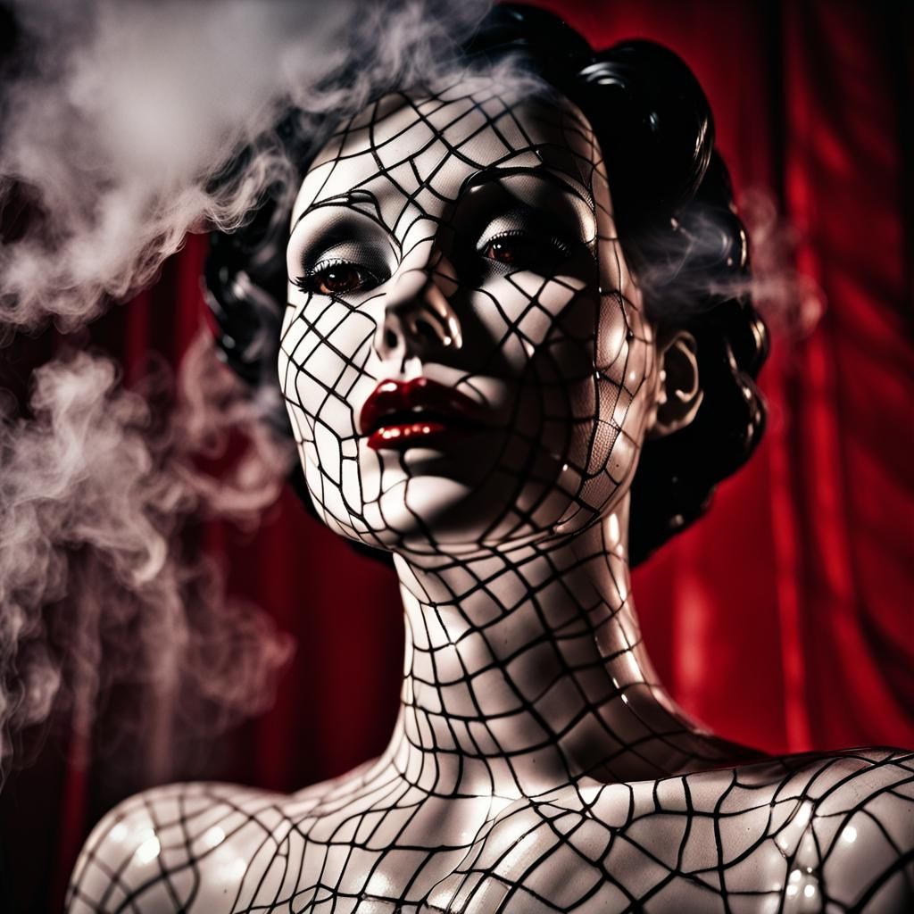 a classic Adel Rootstein porcelain mannequin in a Noir Burlesque comic by Enrico Marini. She is a bit close-up.  Colors in beige, black and...