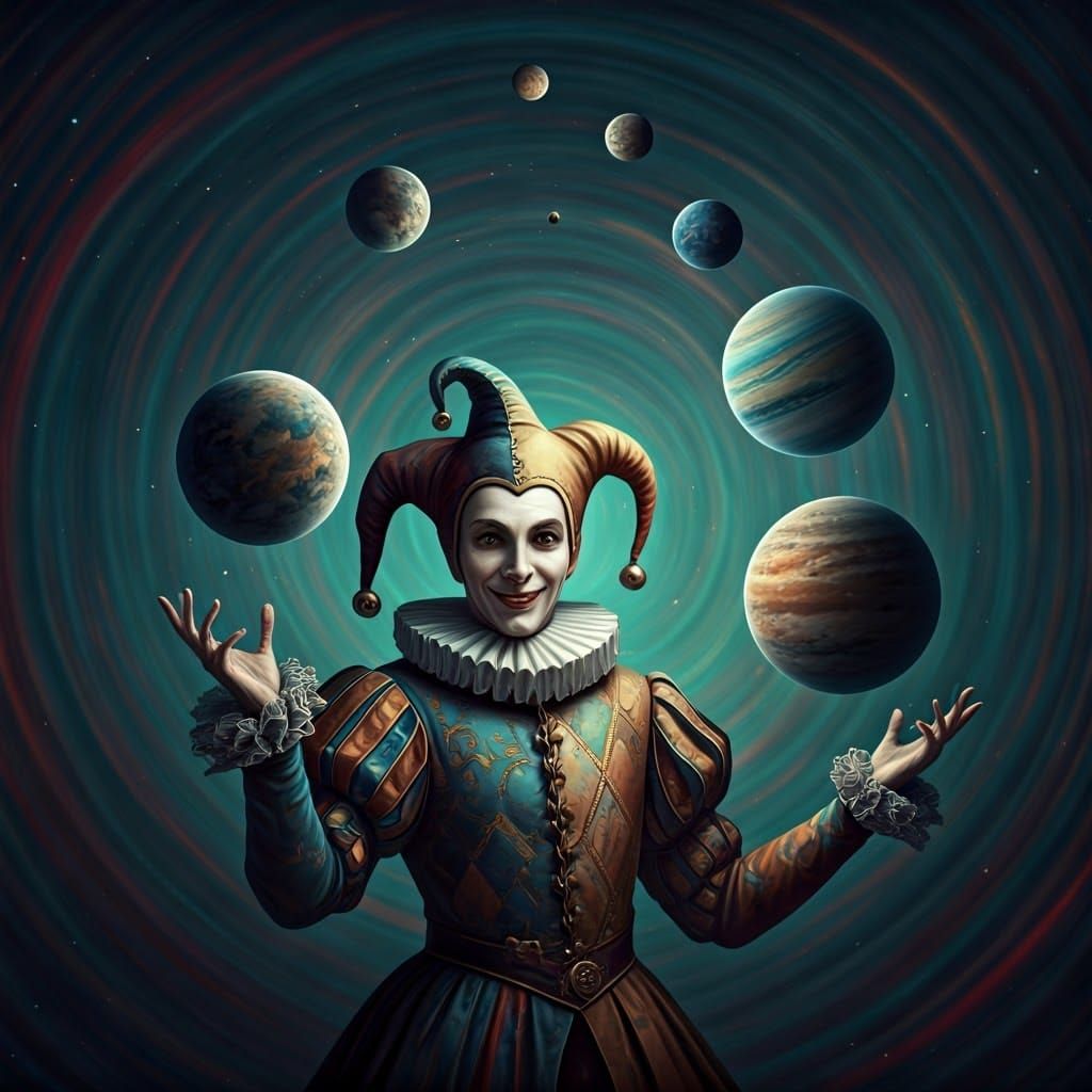 A jester juggling planets  by @Alison