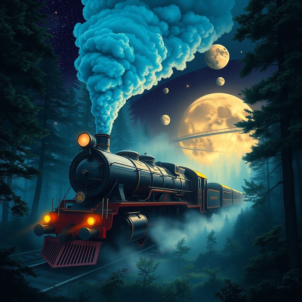 Enchanted Realms: Steam Locomotive Amidst Celestial Wonders