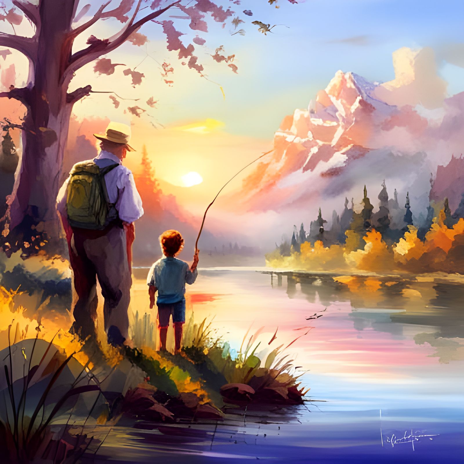 Learning to fish with Grandpa painting  by @Kim
