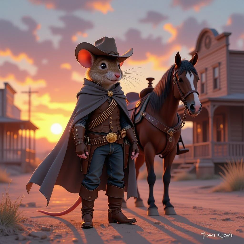 Finn, the anthropomorphic wandering mouse, dressed as a frontier sheriff in his signature style. He wears a long grey cloak drifting in the ...
