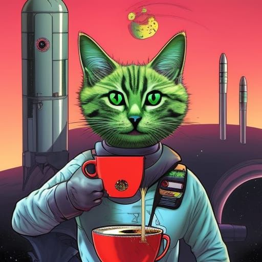 Green alien cat 
astronauts with Space X drinking cups of co...
