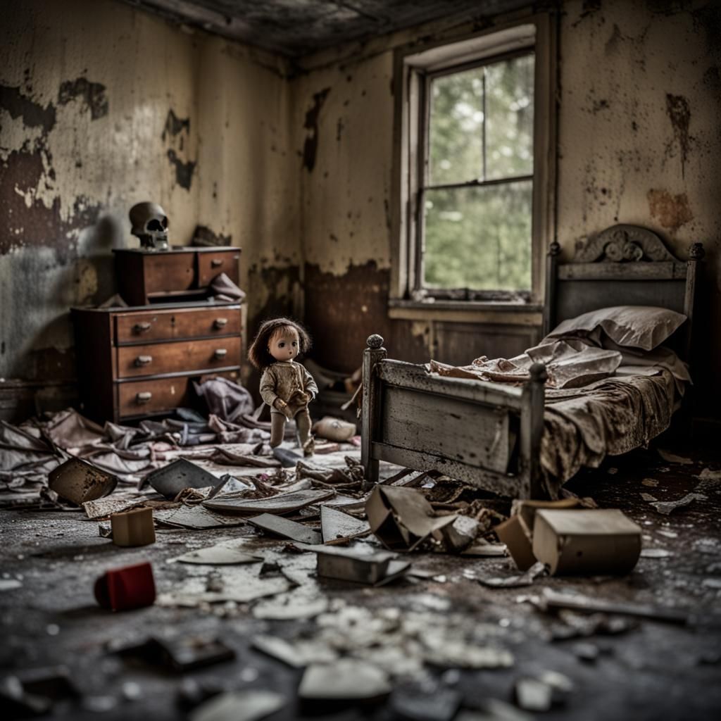 Abandoned haunted doll room, kids room all moldy and torn ap...