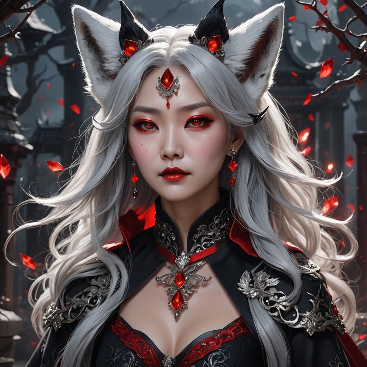 korean lady silver hair black dress red crystals white fox ears vampire