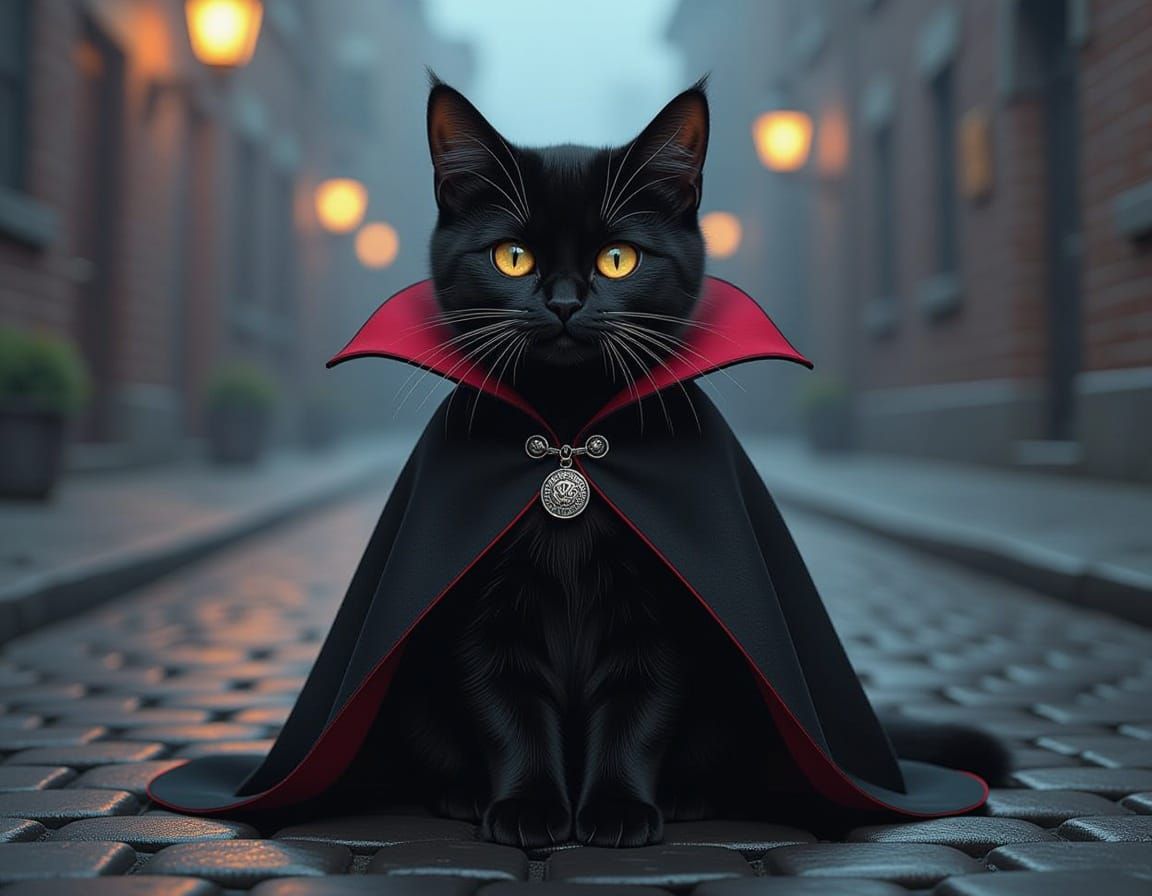 Young black cat wearing a vintage vampire cape.  by @M1st3r