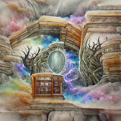Dimensional portal in a mystical library fantasy ink and was...