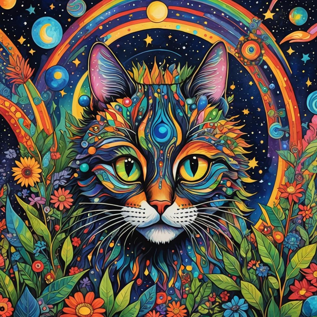 Rainbow Cat Eyes Shine Like Diamonds at Night Moon Stars Planet ...