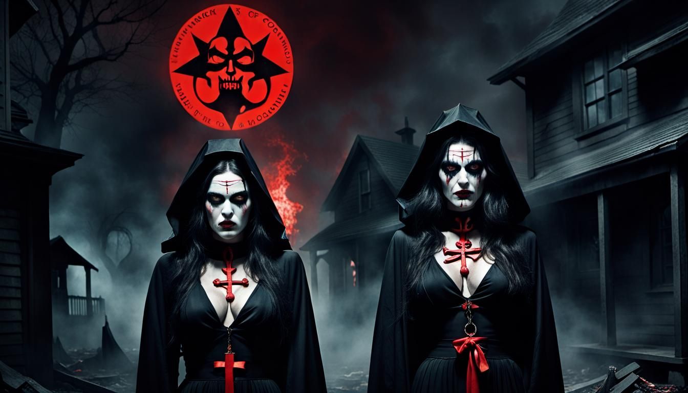 Two dark-robed female figures with wicked intent and evil piercing eyes exuding a satanic glare as if conjuring the dark energies of The Sal...