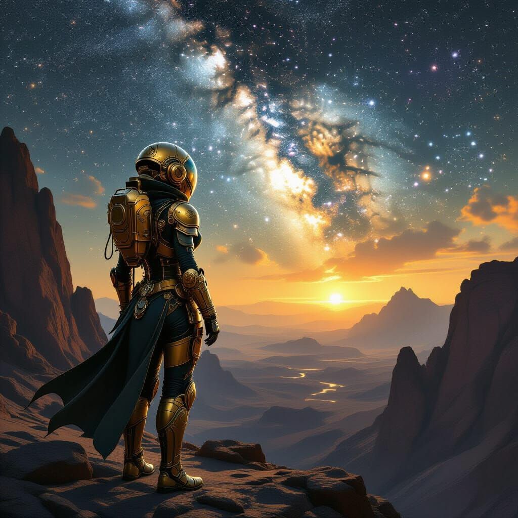 A lone woman in a intricately crafted, steampunk armoured space suit, adorned with brass accents and ...  by @Cheryl Muirson