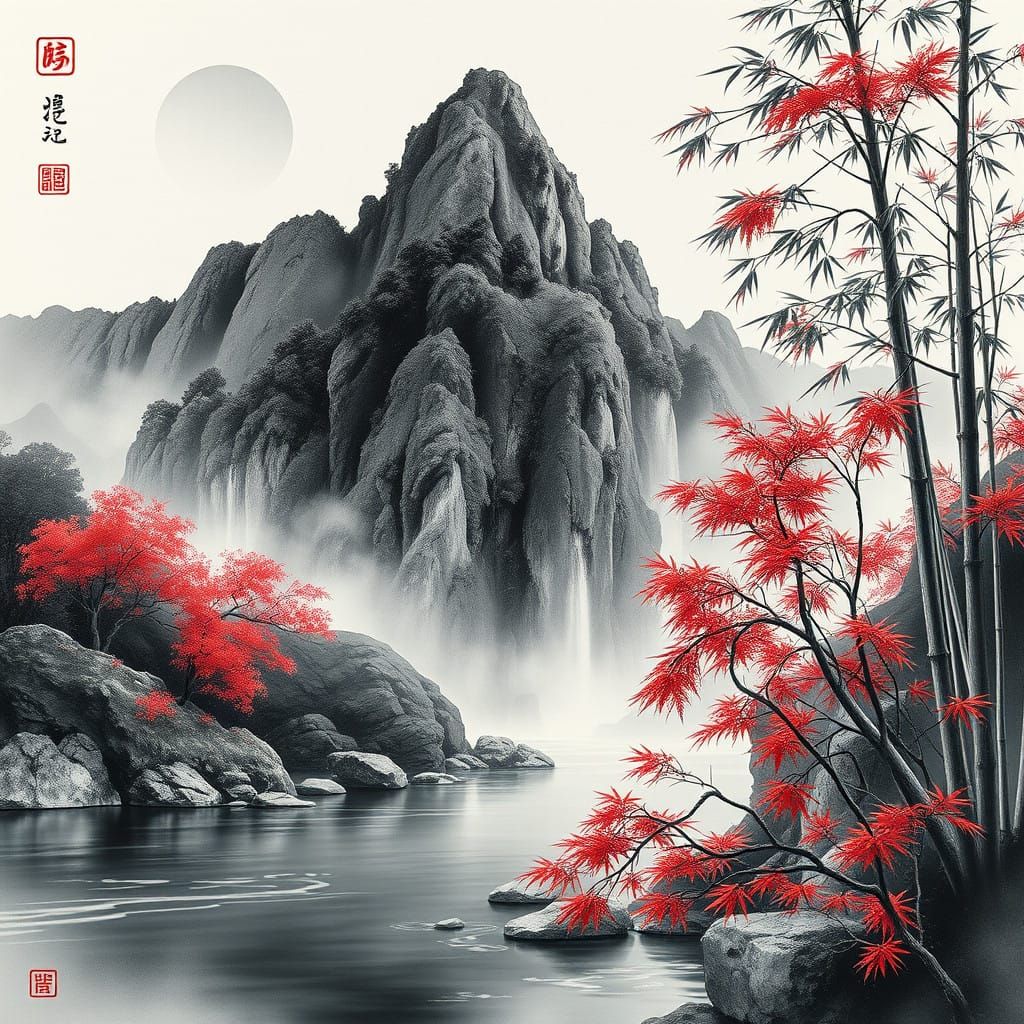 Chinese Fantasy Mountain Landscape in Black and White Oil Pa...