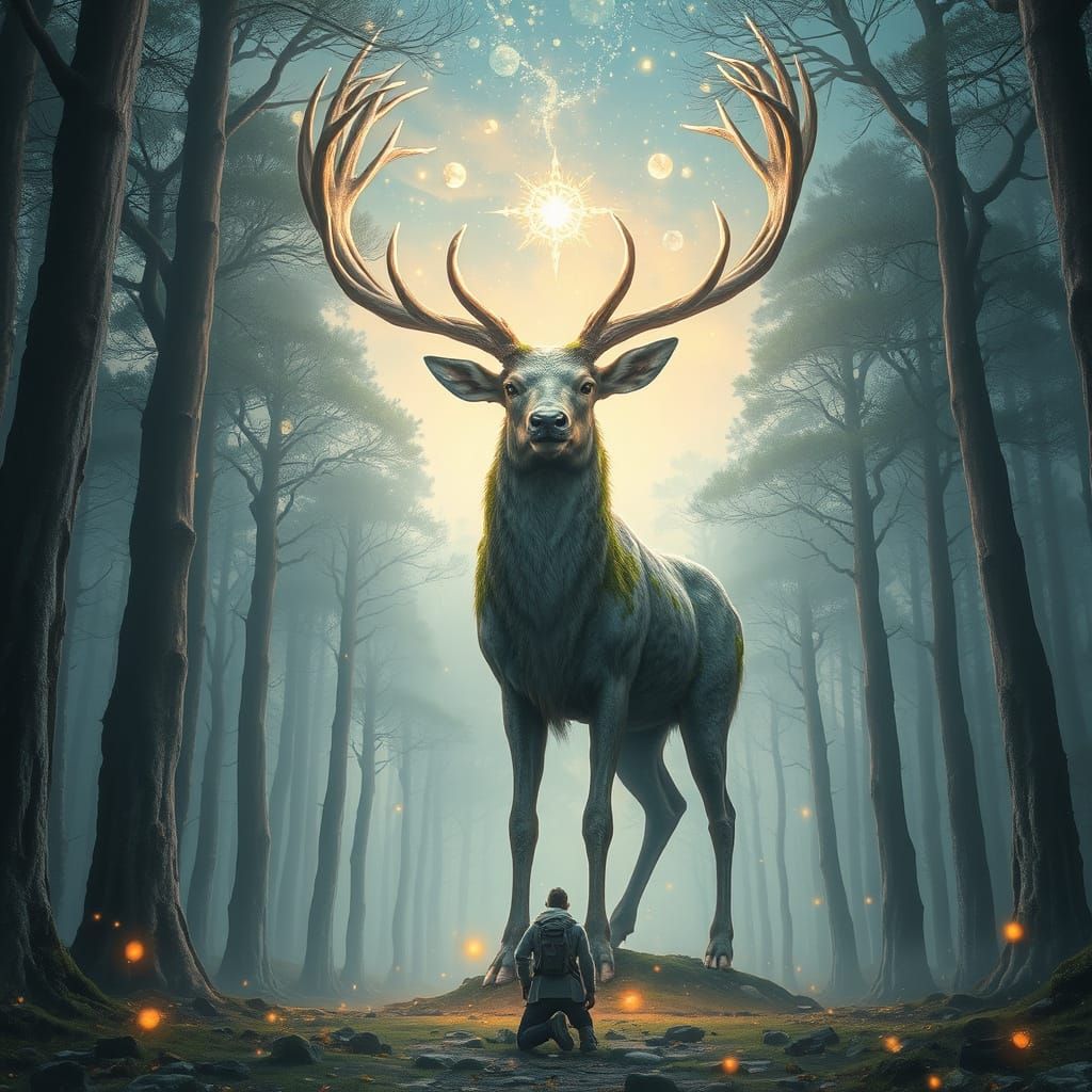 In the heart of an ancient forest bathed in twilight mist, a towering deer made of silver bark and glowing ...  by @undefined
