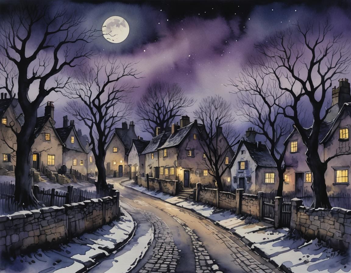 a deserted village at night