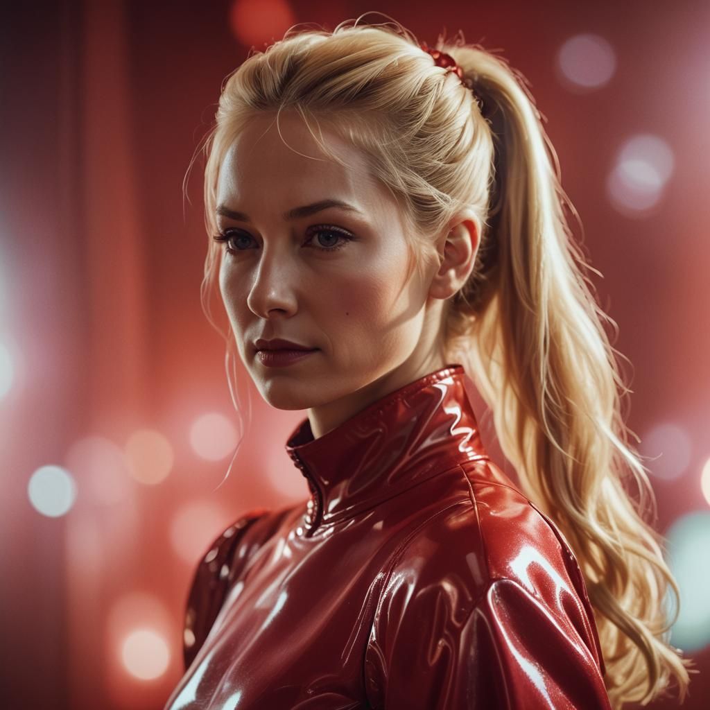 blonde 40 year old saggy wife ponytail red pvc dress wide sk...