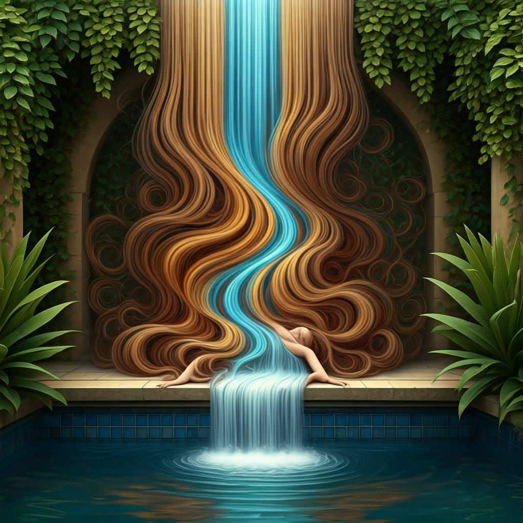Waterfall of abstract art complementary colors fine details , a beautiful woman laying at the start of the waterfall her head back as her ha...