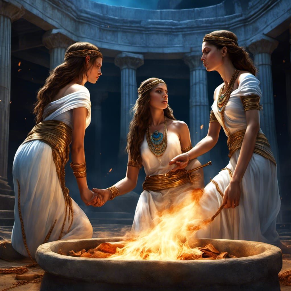 550 BCE Amazonian priestesses with brown wavy hair, blue eye...